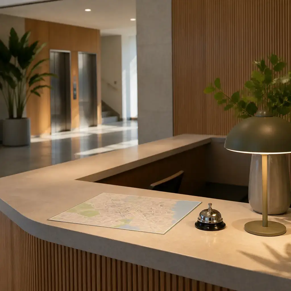 German lesson set in a contemporary Berlin everyday setting: At a reception desk, a visitor asks how to find a conference room and checks whether there is a map..