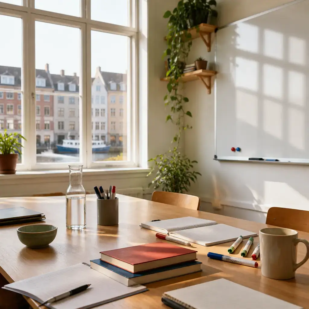 German lesson set in a contemporary Berlin everyday setting: In a language classroom, two adults practice a role-play together and agree how to pause, repeat lines, and correct mistakes..