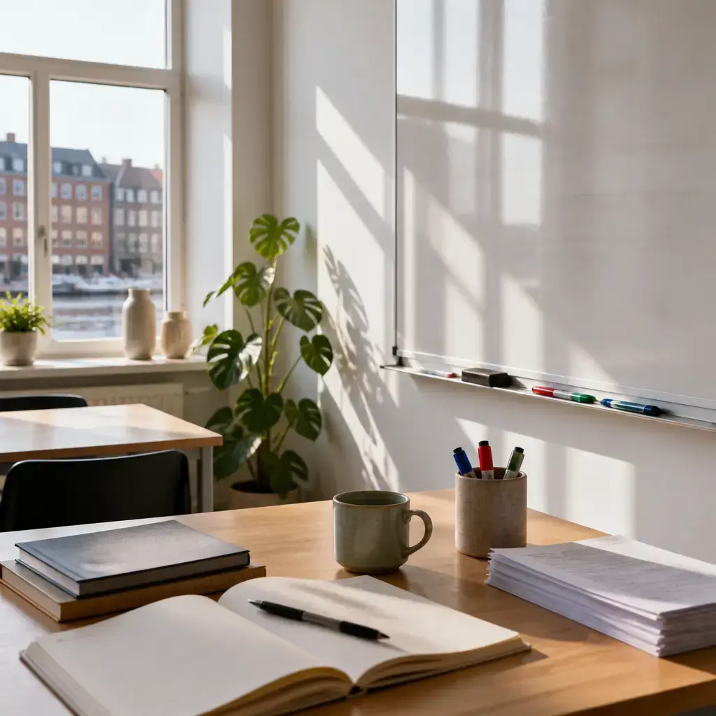 German lesson set in a contemporary Berlin everyday setting: In a language classroom, two adults review homework sentence errors and rewrite a corrected line..