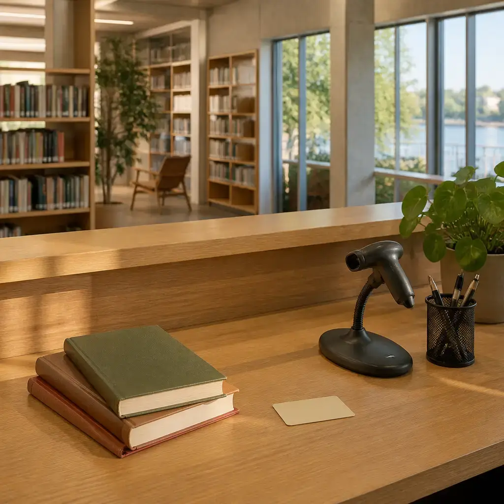 German lesson set in a contemporary Berlin everyday setting: At a library desk, one person asks how to renew a borrowed book when their online account is not working..