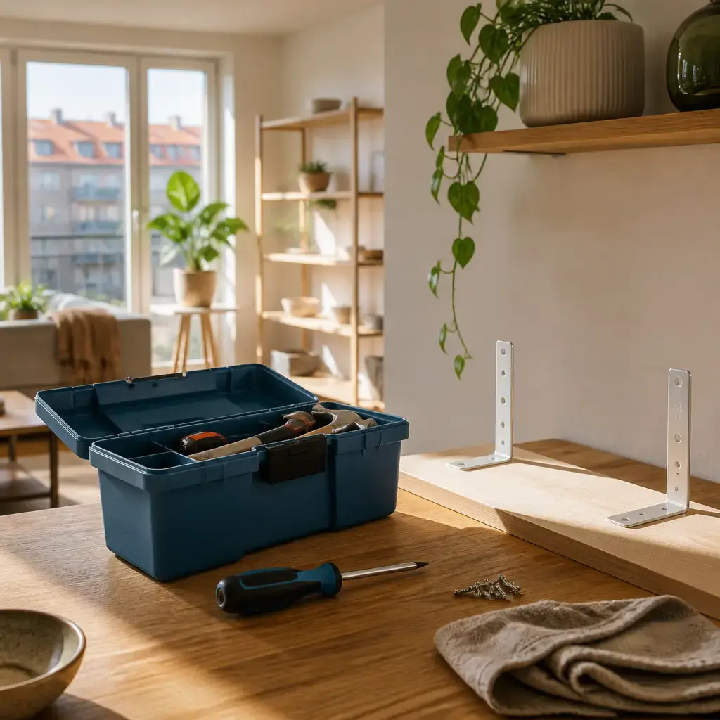 German lesson set in a contemporary Berlin everyday setting: In a shared space, one person borrows a screwdriver for a shelf repair and agrees to return it clean before dinner..