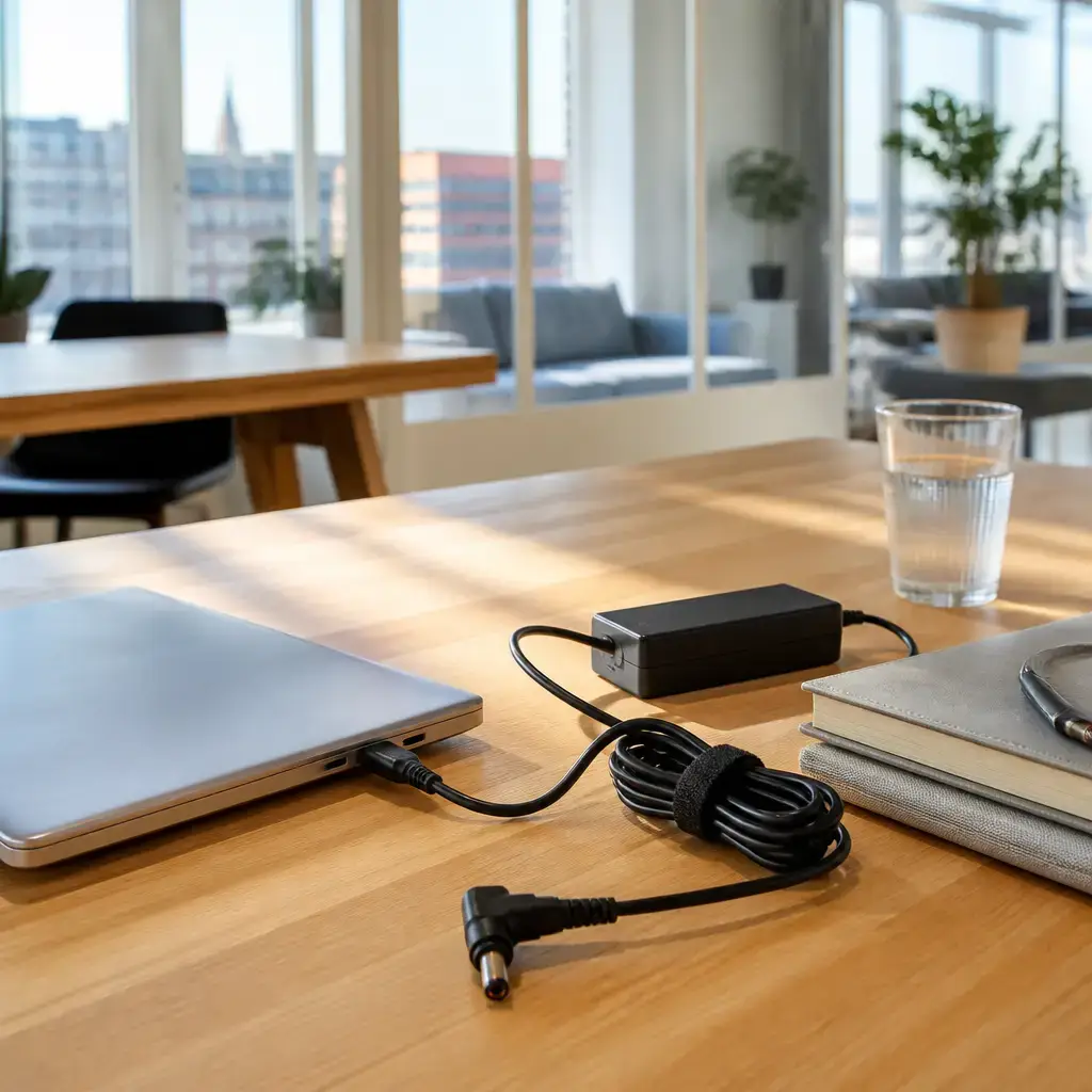 German lesson set in a contemporary Berlin everyday setting: At work, one person borrows a laptop charger, checks the connector, and agrees where to return it..
