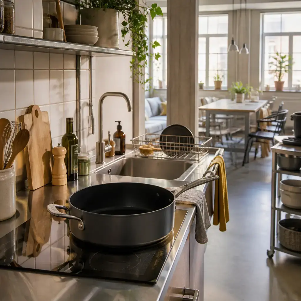 German lesson set in a contemporary Berlin everyday setting: In a shared kitchen, one person borrows a large pan and checks how to use, wash, and return it safely..