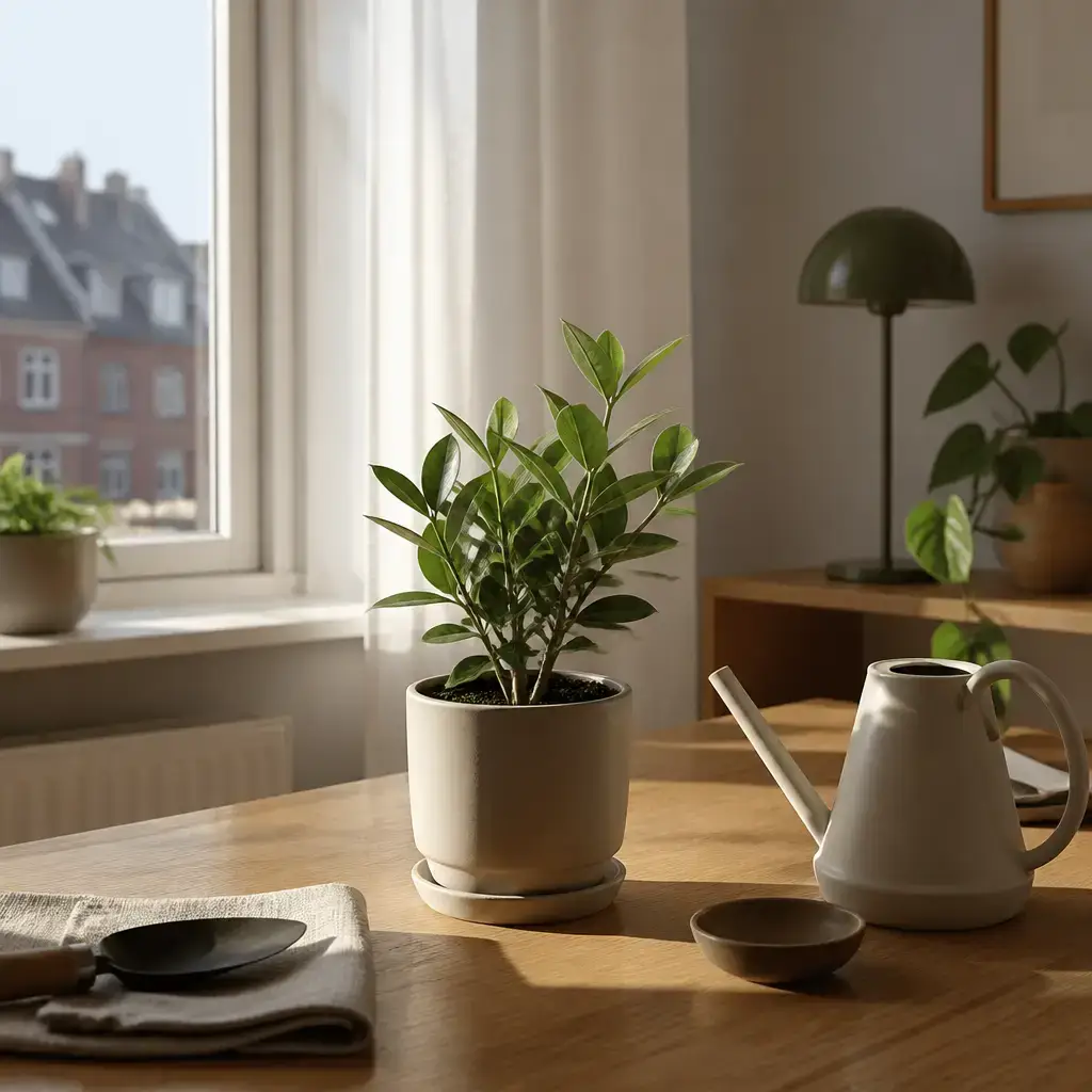 German lesson set in a contemporary Berlin everyday setting: At home, one adult asks how to care for a small room plant with indirect light and careful watering..