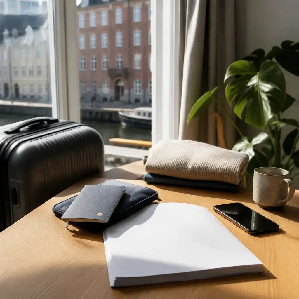 German lesson set in a contemporary Berlin everyday setting: Before leaving for a trip, two adults check travel documents, a saved reservation, and a printed copy..