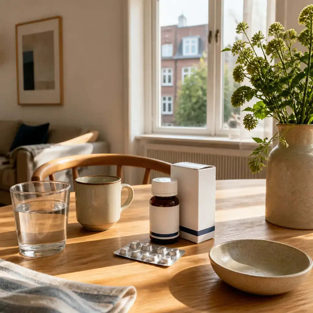 German lesson set in a contemporary Berlin everyday setting: At home, two adults read medicine label instructions and decide to call the pharmacy about an unclear dose..