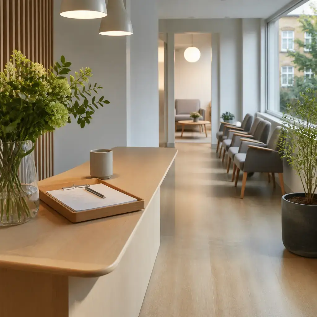 German lesson set in a contemporary Berlin everyday setting: At a clinic reception area, a visitor asks where to wait, how to check in, and what to keep ready..