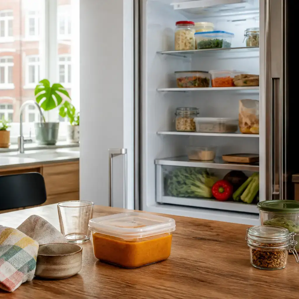 German lesson set in a contemporary Berlin everyday setting: In a shared kitchen, two adults discuss labeling food, choosing the right fridge shelf, and taking items home soon..