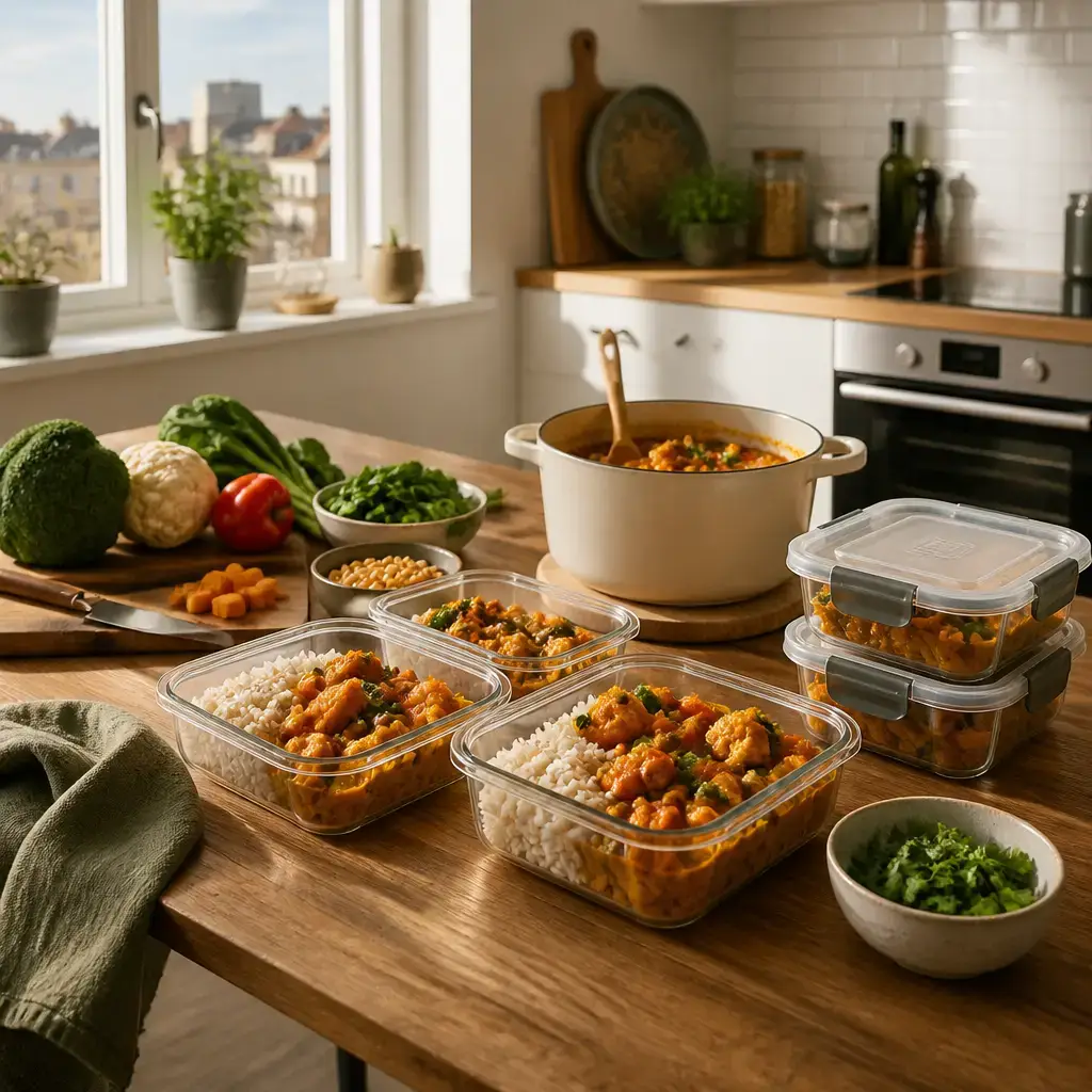 German lesson set in a contemporary Berlin everyday setting: At home, two adults plan meal prep for a busy week by freezing portions and keeping lunches balanced..