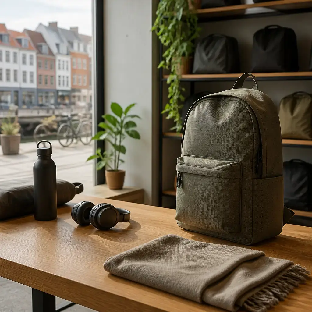 German lesson set in a contemporary Berlin everyday setting: In a shop, two adults compare an online listing with an in-person backpack check before deciding which item feels reliable..