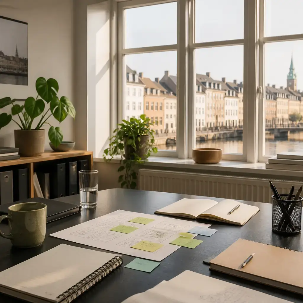 German lesson set in a contemporary Berlin everyday setting: At work, two teammates compare assumptions, check project notes, and agree on a focused compromise for a client task..