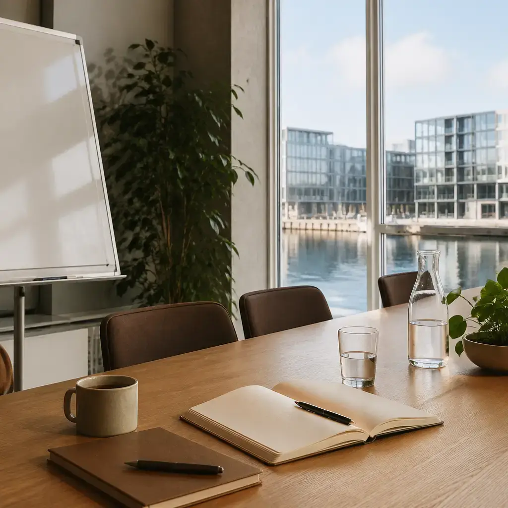 German lesson set in a contemporary Berlin everyday setting: At work, two colleagues discuss professional growth goals and choose a measurable target for presentation skills..