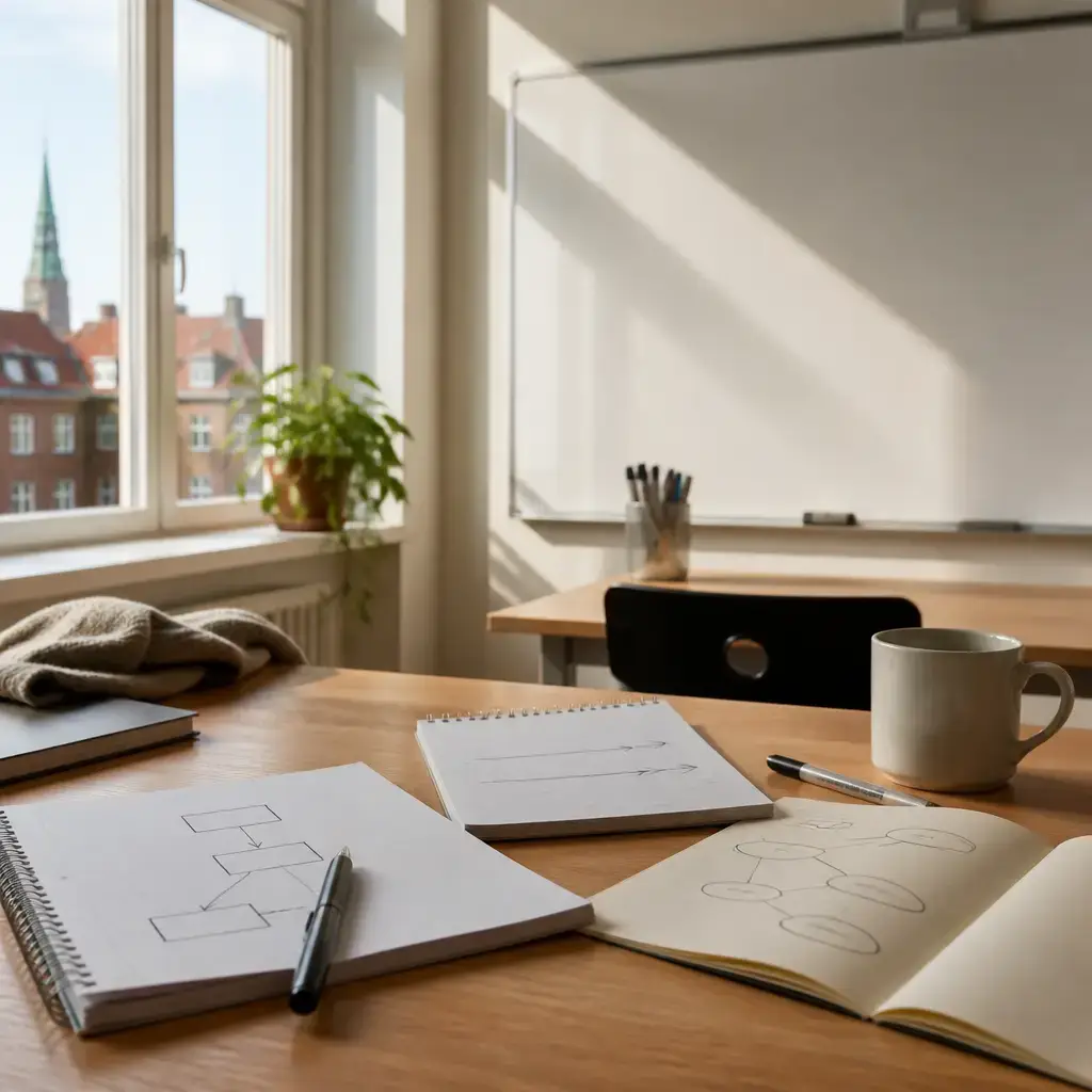 German lesson set in a contemporary Berlin everyday setting: In a classroom, two adults plan a short presentation about study habits with an outline, transitions, and rehearsal notes..