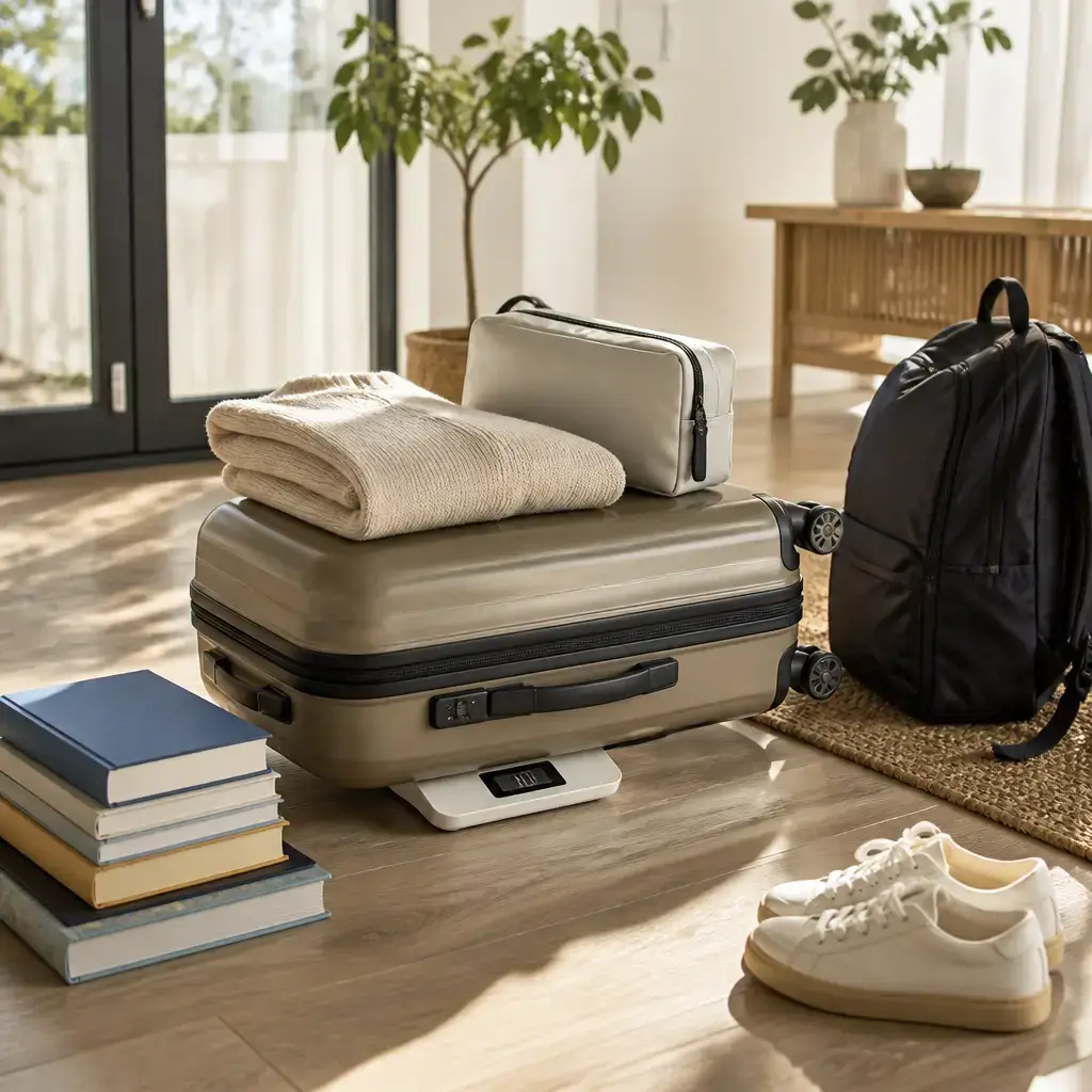 German lesson set in a contemporary Berlin everyday setting: Before leaving for a flight, two adults weigh a suitcase and move or remove heavy items to stay within the baggage allowance..