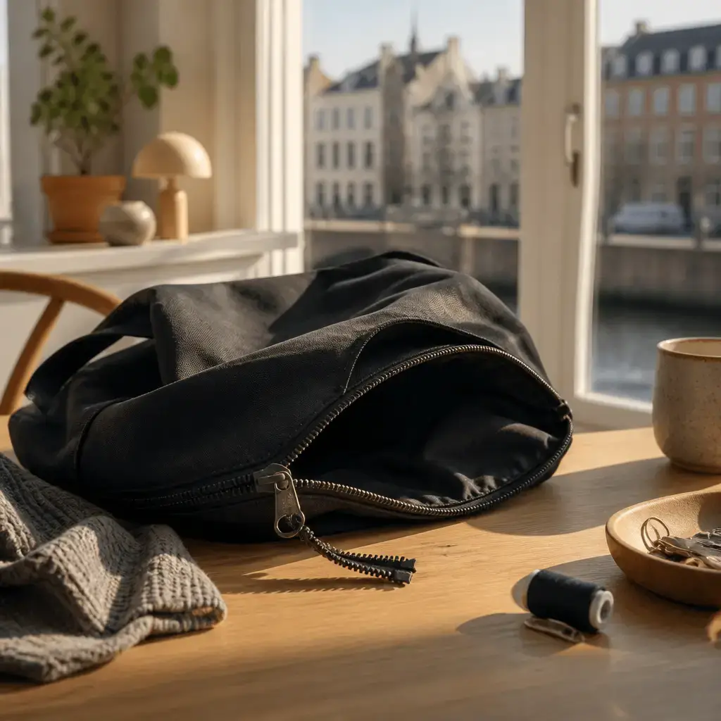 German lesson set in a contemporary Berlin everyday setting: After borrowing a bag, one adult explains zipper damage and discusses repair or replacement with the owner..
