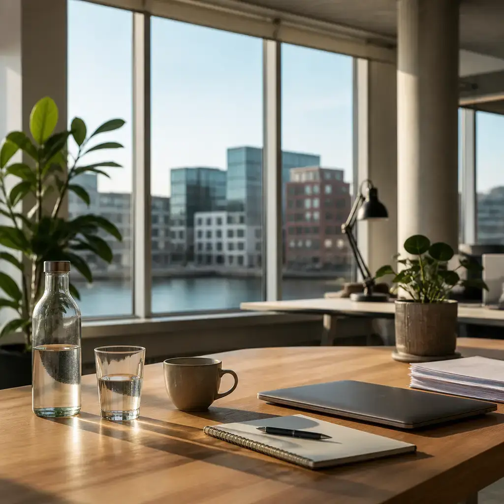 German lesson set in a contemporary Berlin everyday setting: At work, two adults pause spreadsheet work to take a short focused break and return with a clearer plan..