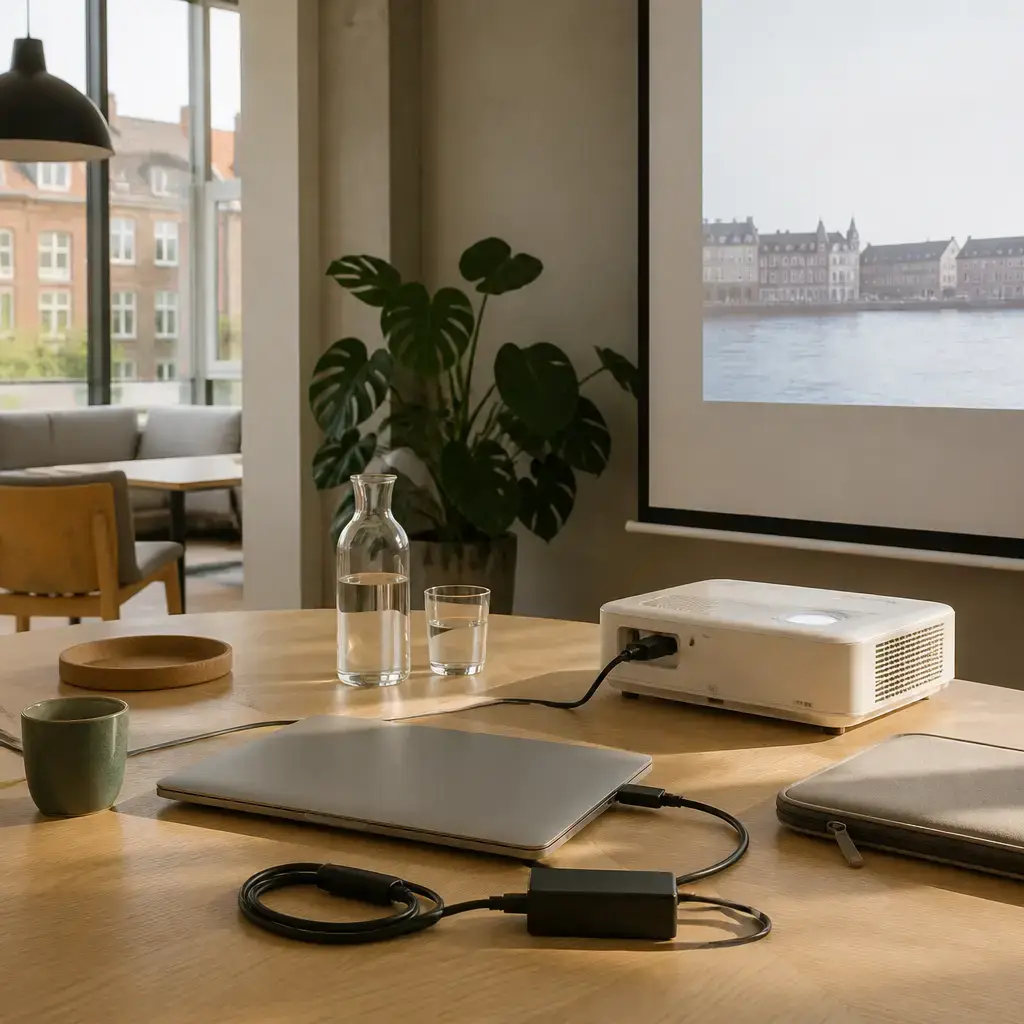 German lesson set in a contemporary Berlin everyday setting: In a shared workspace, one adult borrows a laptop adapter before a presentation and tests the projector before returning it..