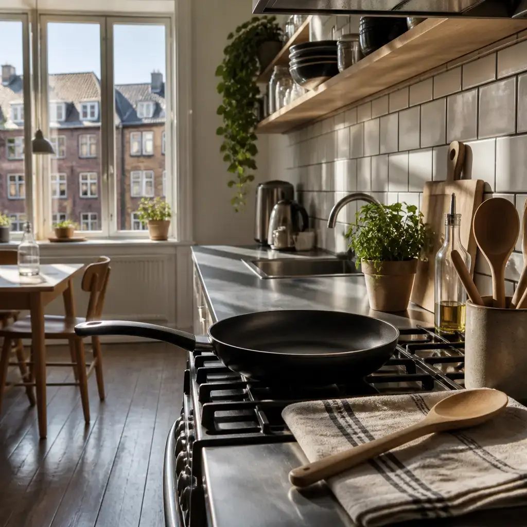 German lesson set in a contemporary Berlin everyday setting: In a shared kitchen, one adult borrows a non-stick pan and asks how to use, wash, and return it carefully..