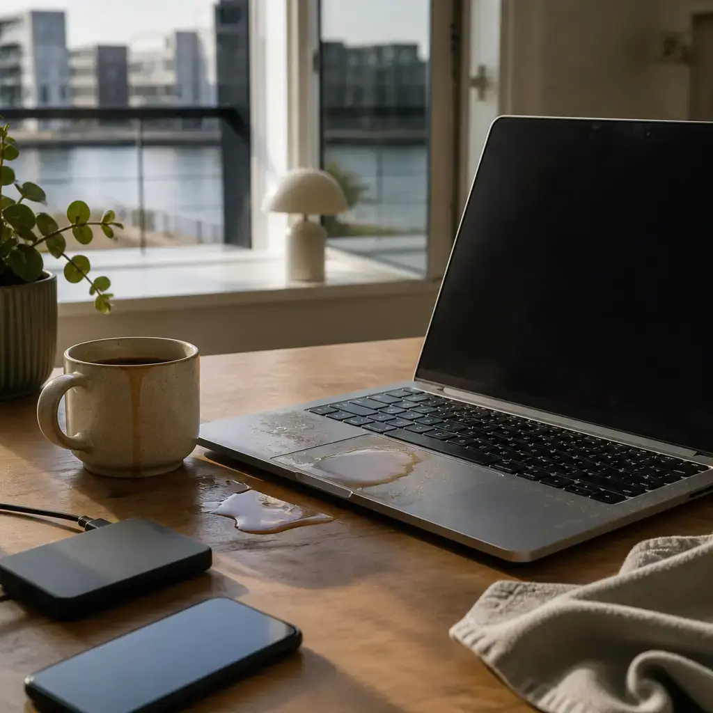 German lesson set in a contemporary Berlin everyday setting: In daily life, two adults respond to coffee spilled on a laptop by turning it off, checking backups, and seeking repair advice..