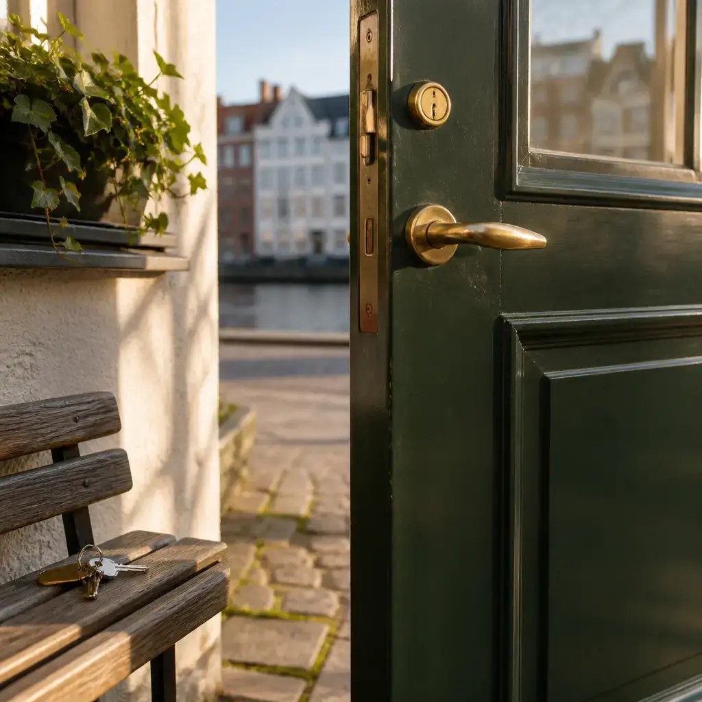 German lesson set in a contemporary Berlin everyday setting: In daily life, two adults make a plan after someone is locked out and decide when to contact the landlord or a locksmith..