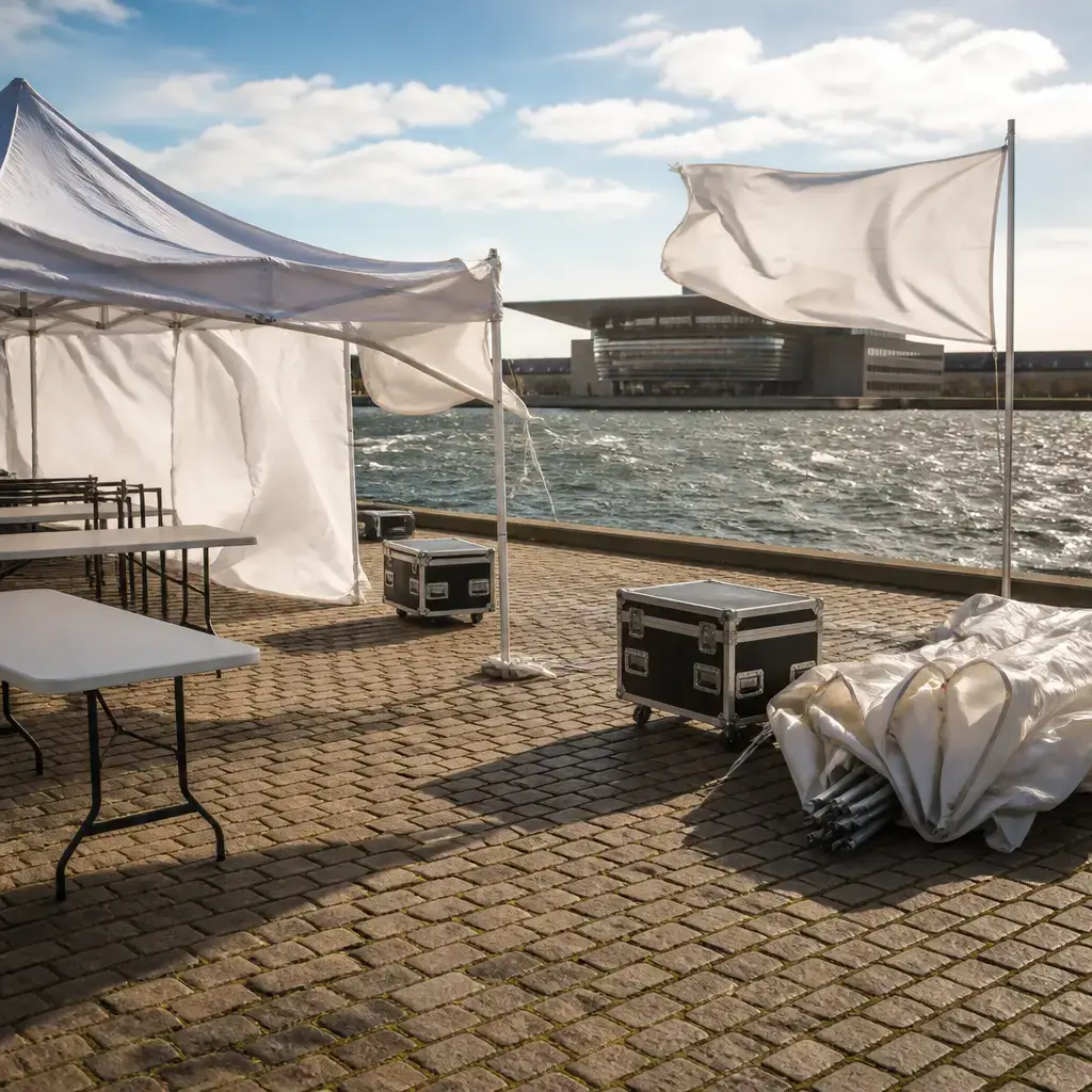 German lesson set in a contemporary Berlin everyday setting: Before an outdoor event, two adults consider moving indoors because strong wind could make tents, equipment, and a banner unsafe..