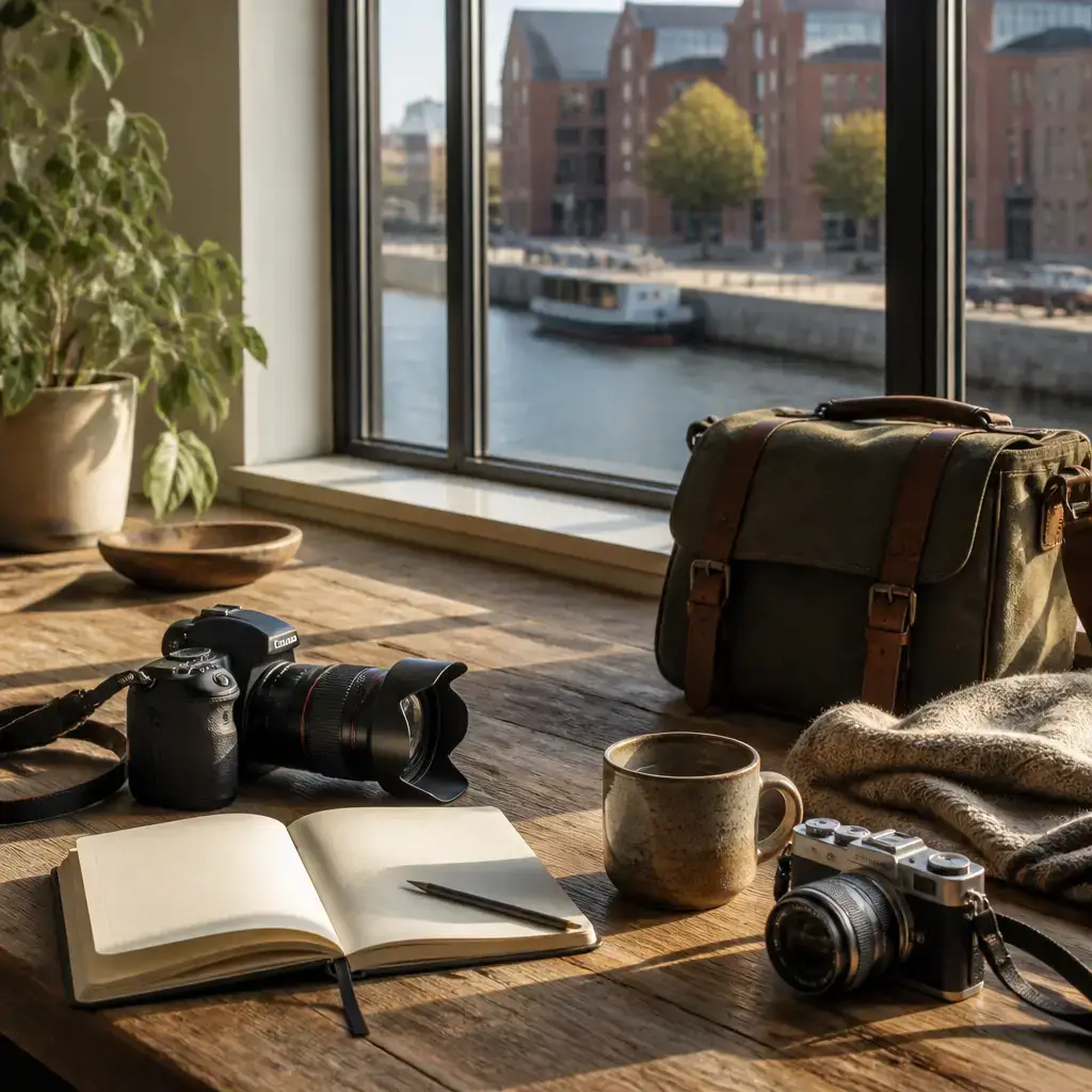 German lesson set in a contemporary Berlin everyday setting: Before joining a photography club, two adults discuss beginner support, photo walks, feedback sessions, and whether the atmosphere suits one person..