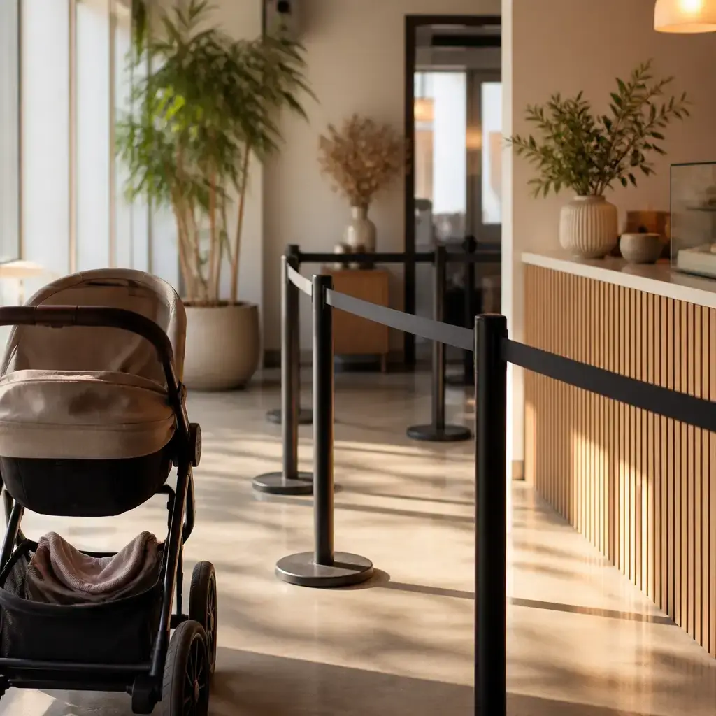 German lesson set in a contemporary Berlin everyday setting: In a public line, one person offers to let someone managing a baby and stroller go ahead..