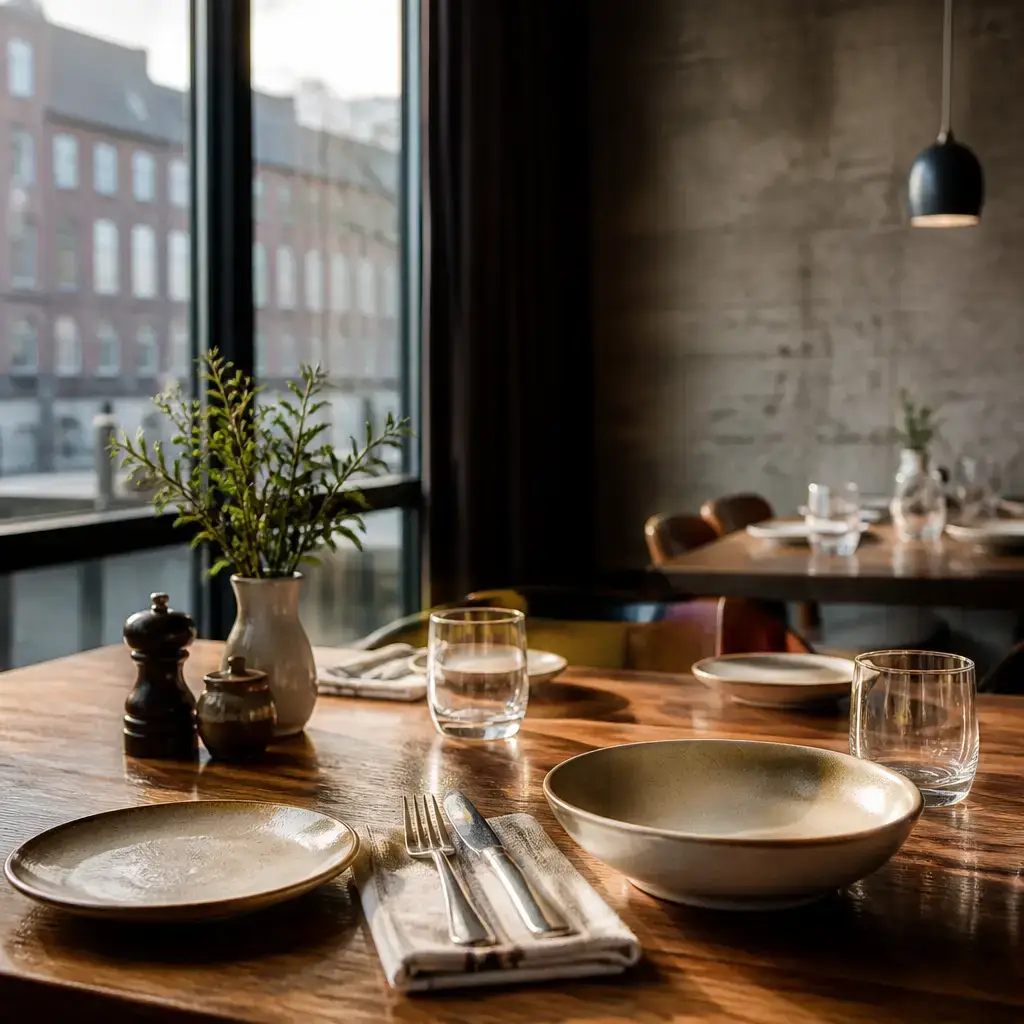 German lesson set in a contemporary Berlin everyday setting: At a restaurant, a customer asks staff to confirm a mild order and side dish before the food is served..