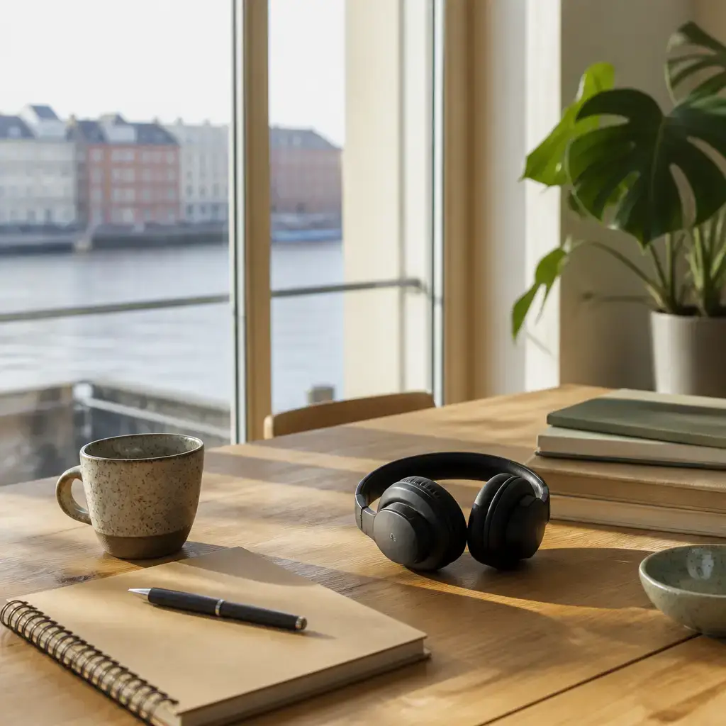 German lesson set in a contemporary Berlin everyday setting: While comparing online courses, two adults weigh feedback, flexibility, live speaking options, and teacher comments..