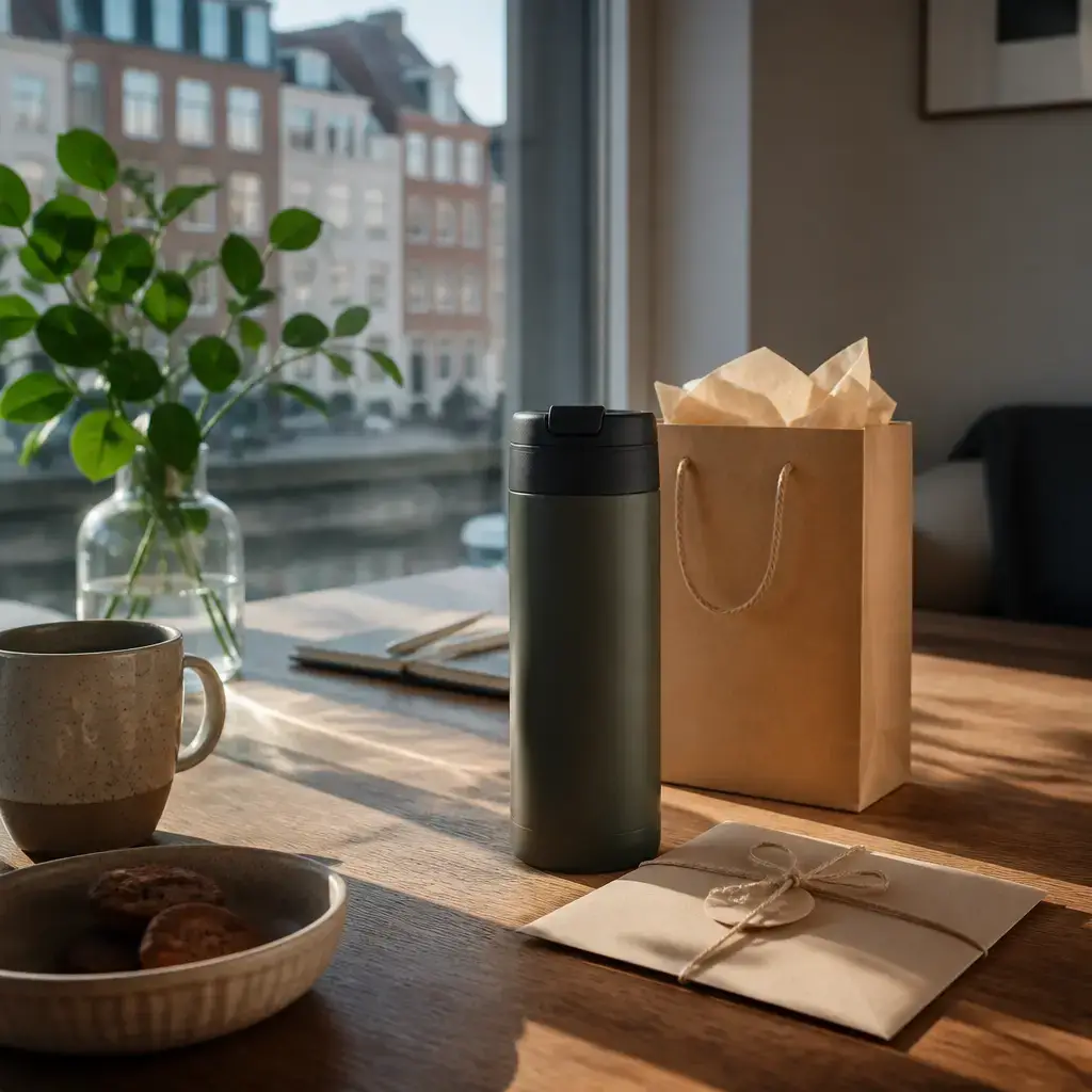 German lesson set in a contemporary Berlin everyday setting: While planning a group gift, two adults balance personal and useful ideas and settle on a travel mug with a shared card..