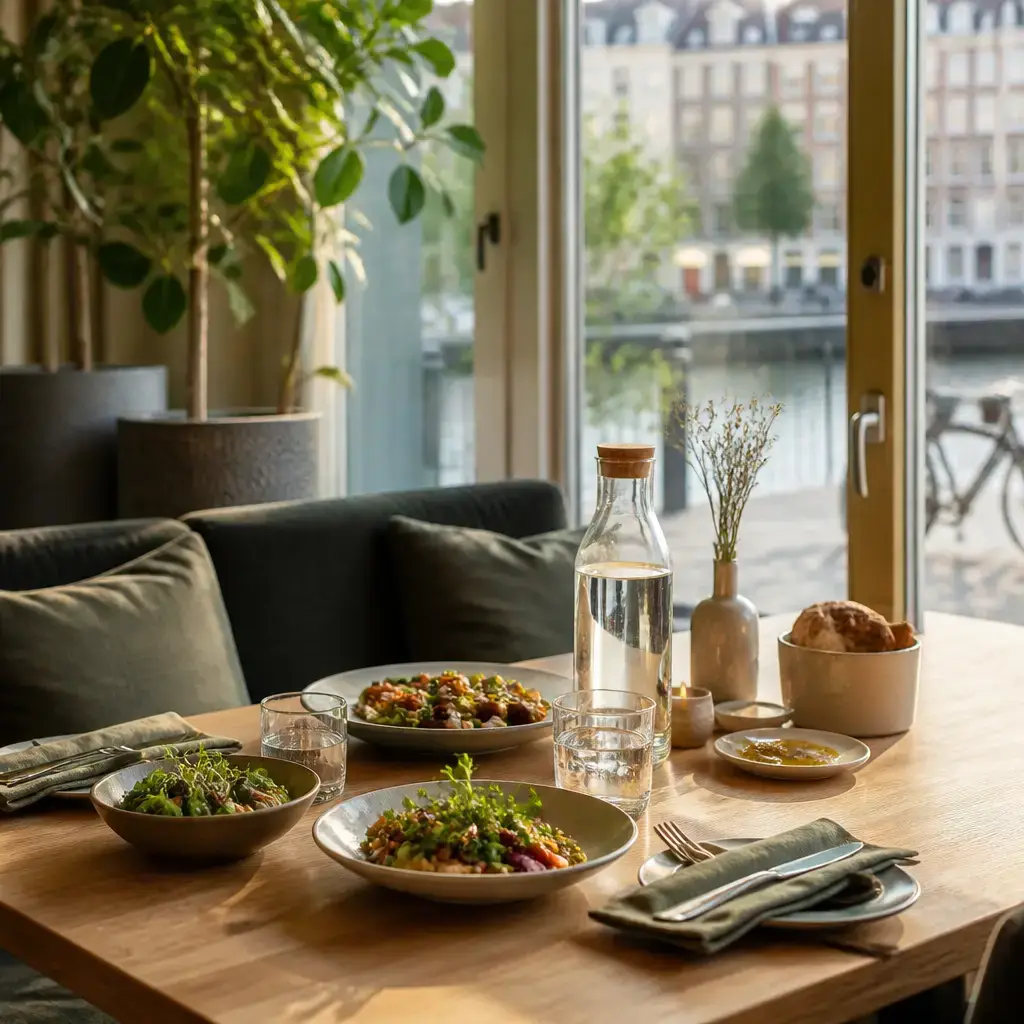 German lesson set in a contemporary Berlin everyday setting: Before confirming a group meal, two adults choose a restaurant that balances vegetarian options, quiet seating, distance, and comfort..
