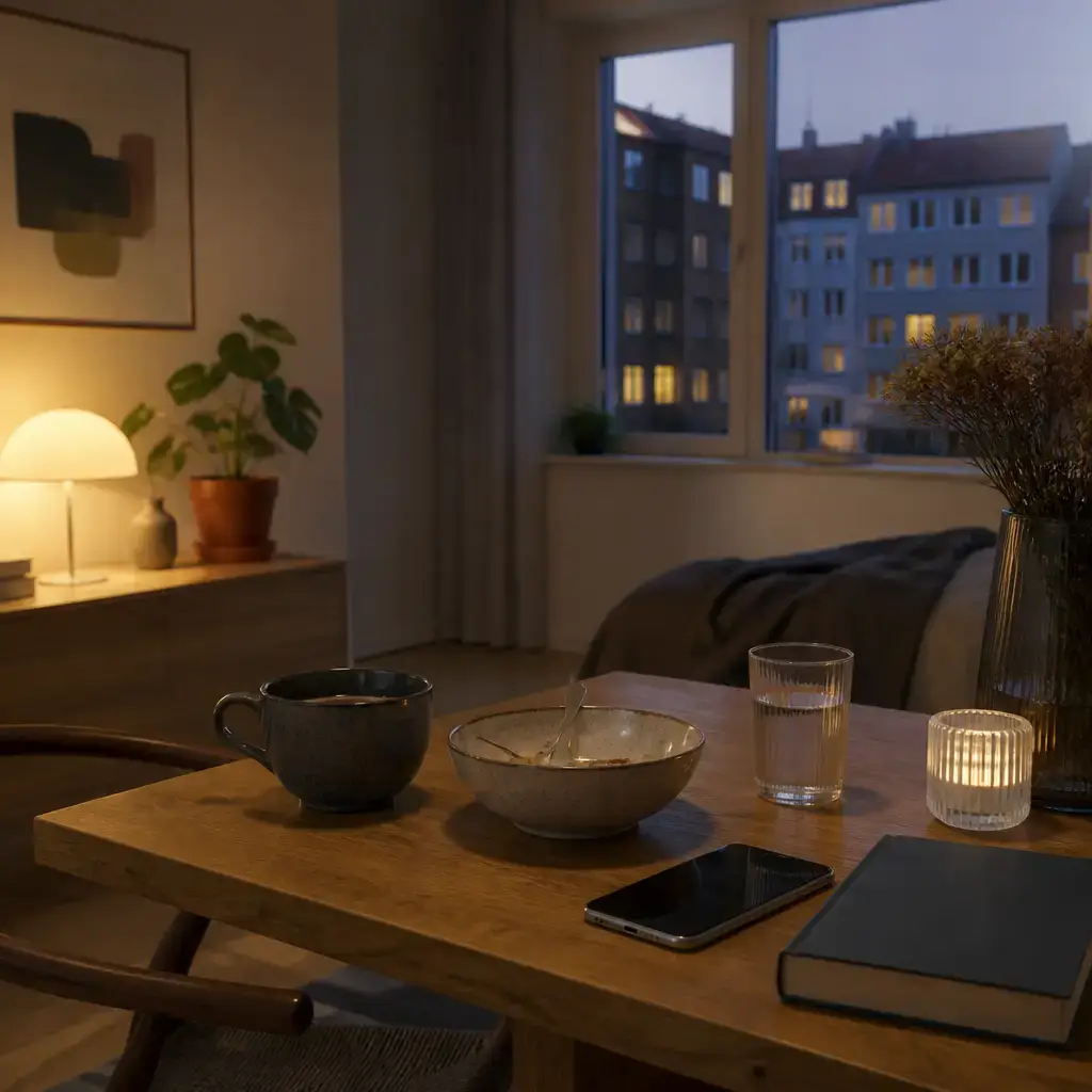German lesson set in a contemporary Berlin everyday setting: At home in the evening, two adults discuss improving sleep by reducing caffeine after dinner and replacing phone time with reading..