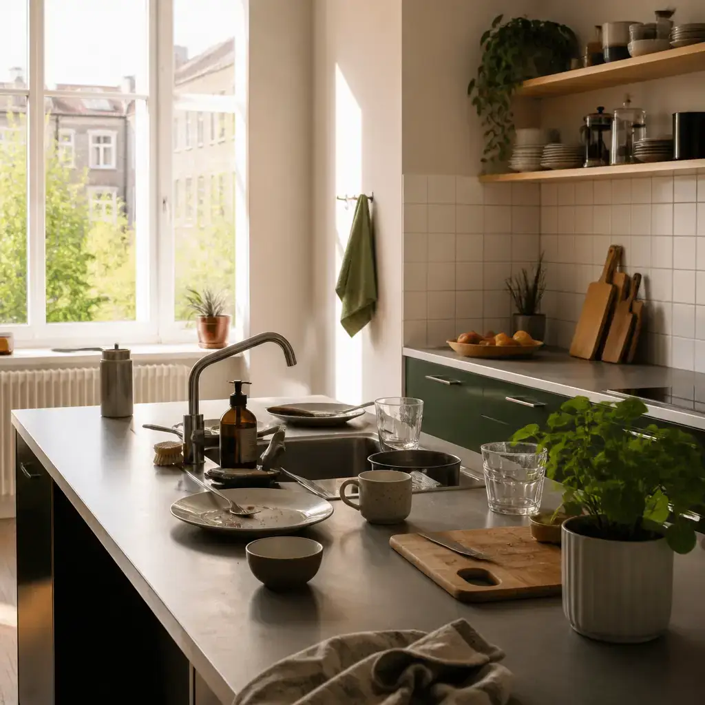 German lesson set in a contemporary Berlin everyday setting: In a shared kitchen, two adults plan a calm message about cleaning dishes, counters, and trash without blaming anyone..