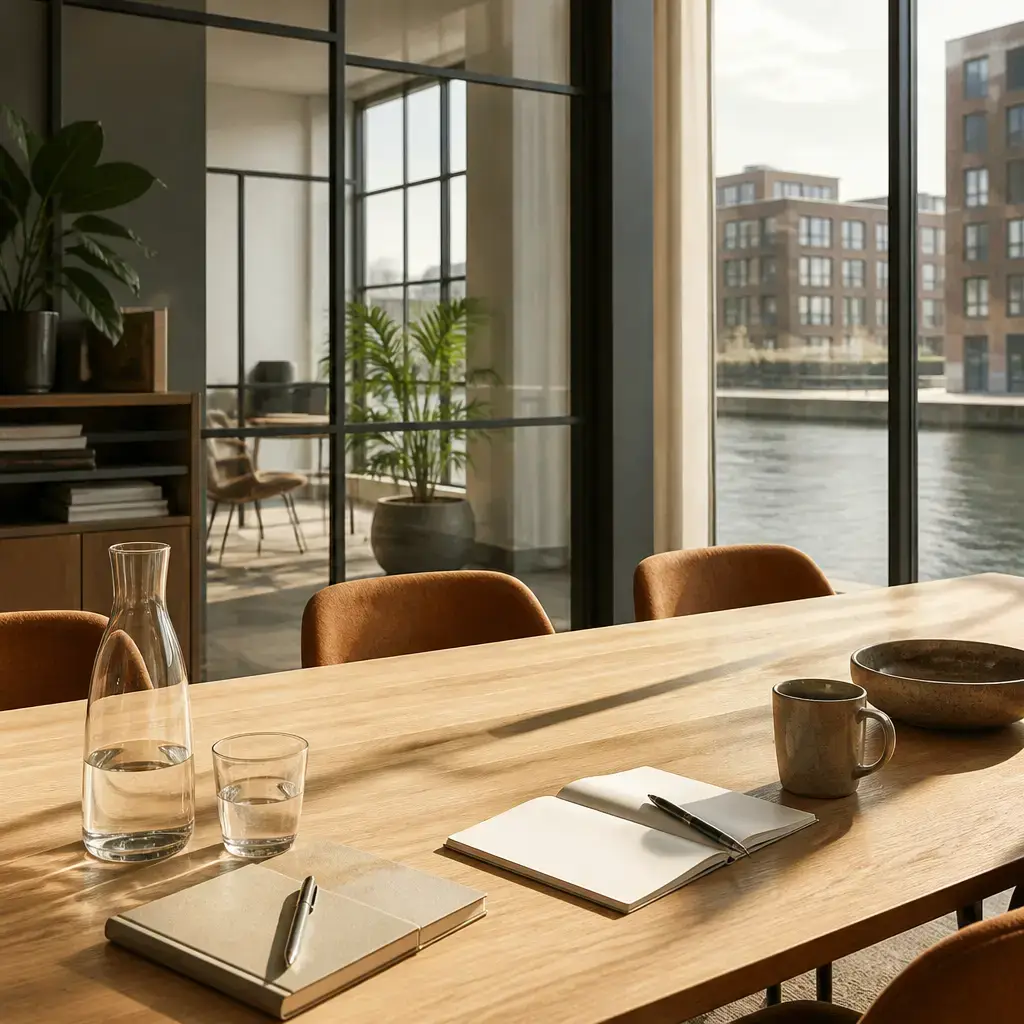 German lesson set in a contemporary Berlin everyday setting: In a job interview, a candidate clarifies the breadth of a role and explains how they would handle unclear priorities across teams..