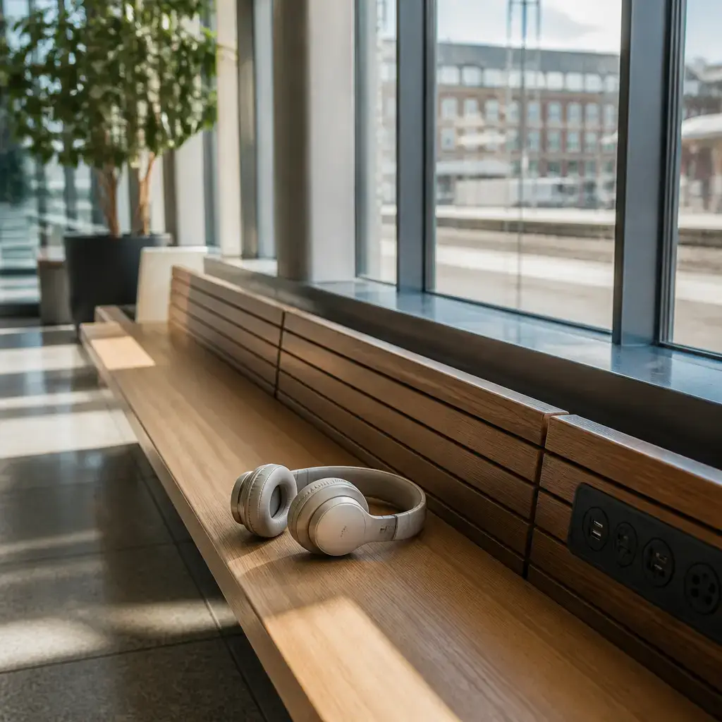 German lesson set in a contemporary Berlin everyday setting: In a station waiting area, one traveler realizes headphones were left behind and asks what details to include in a lost item report..