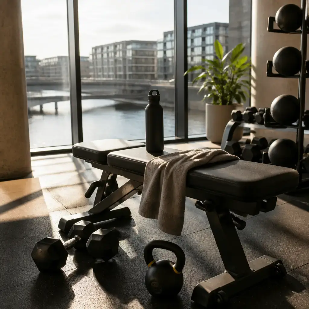 German lesson set in a contemporary Berlin everyday setting: At a gym, a person discusses lowering workout intensity so recovery improves while the training habit stays steady..