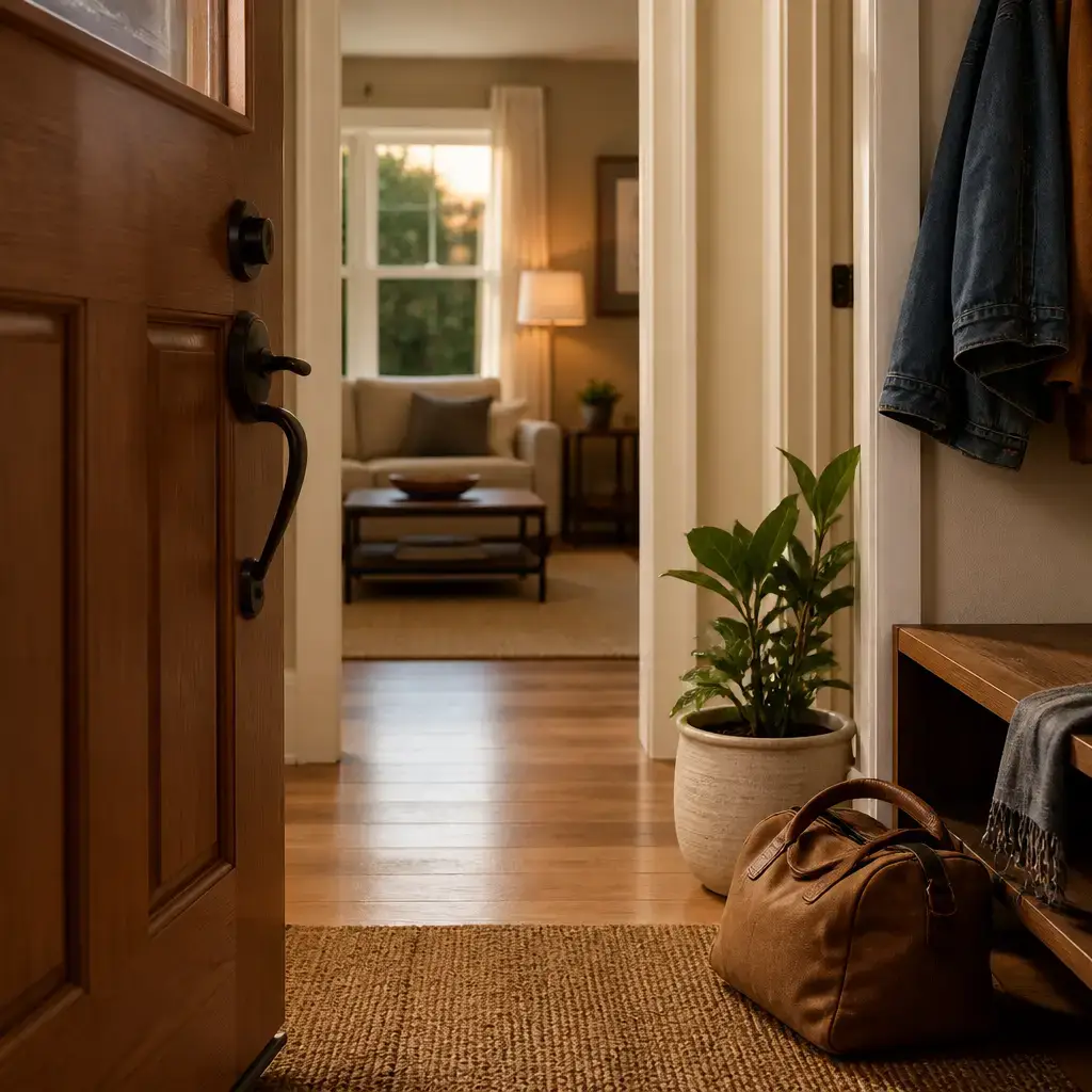 English lesson set in a contemporary everyday setting in the United States: Arriving home and greeting someone in a simple, natural way.