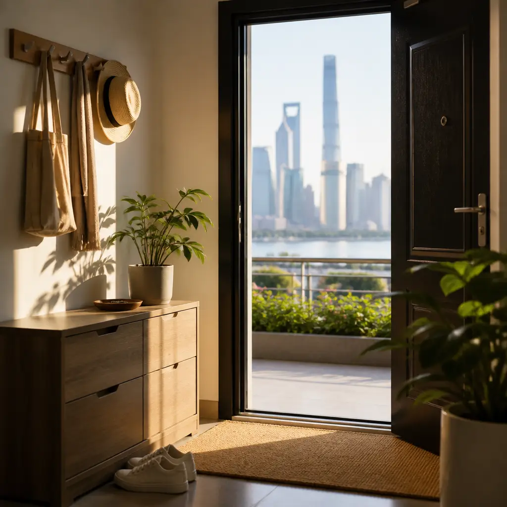 Chinese lesson set in a contemporary Shanghai everyday setting: Morning greeting at home/work/school — casual 'good morning' + brief small talk.
