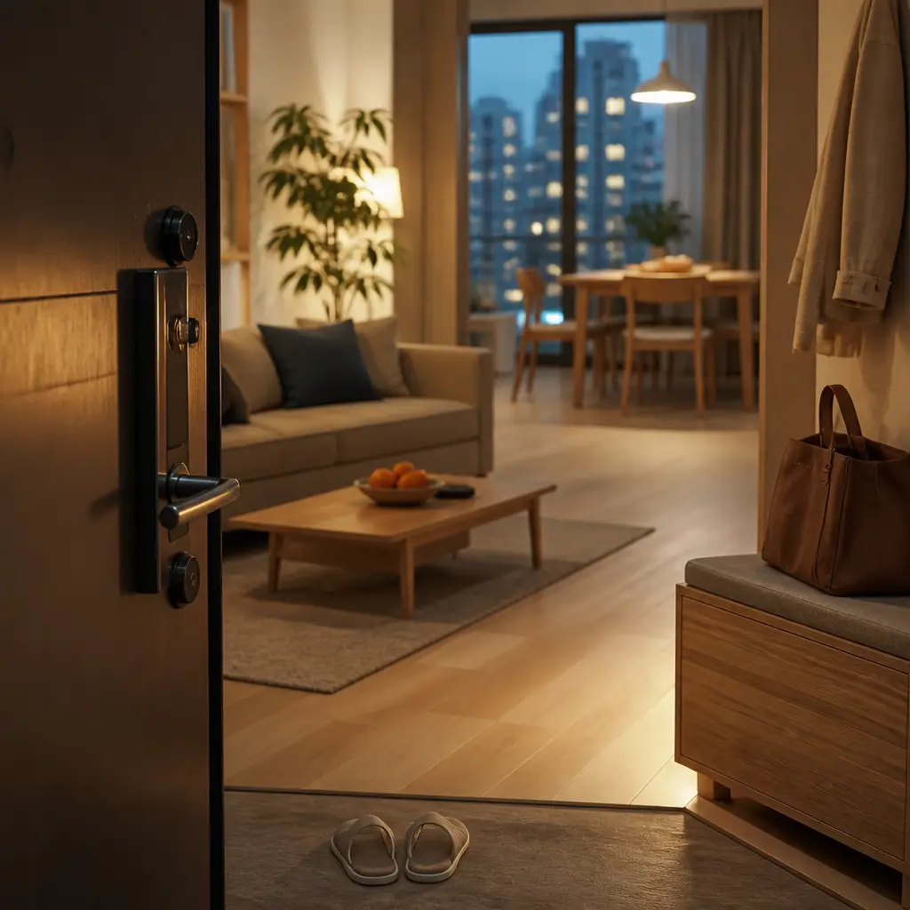 Chinese lesson set in a contemporary Shanghai everyday setting: Arriving home and greeting someone in a simple, natural way.