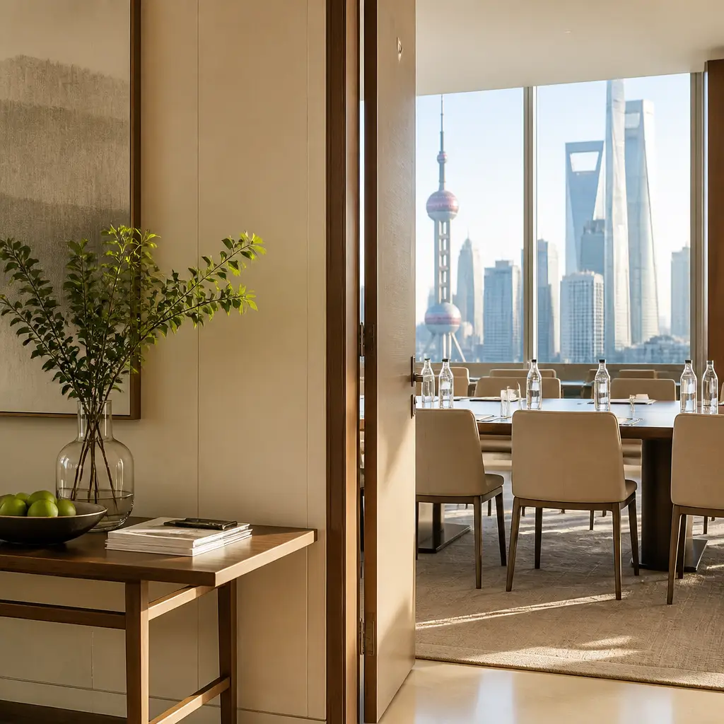 Chinese lesson set in a contemporary Shanghai everyday setting: First-time self-introduction at a shared welcome event — greeting and a simple reason for being there.