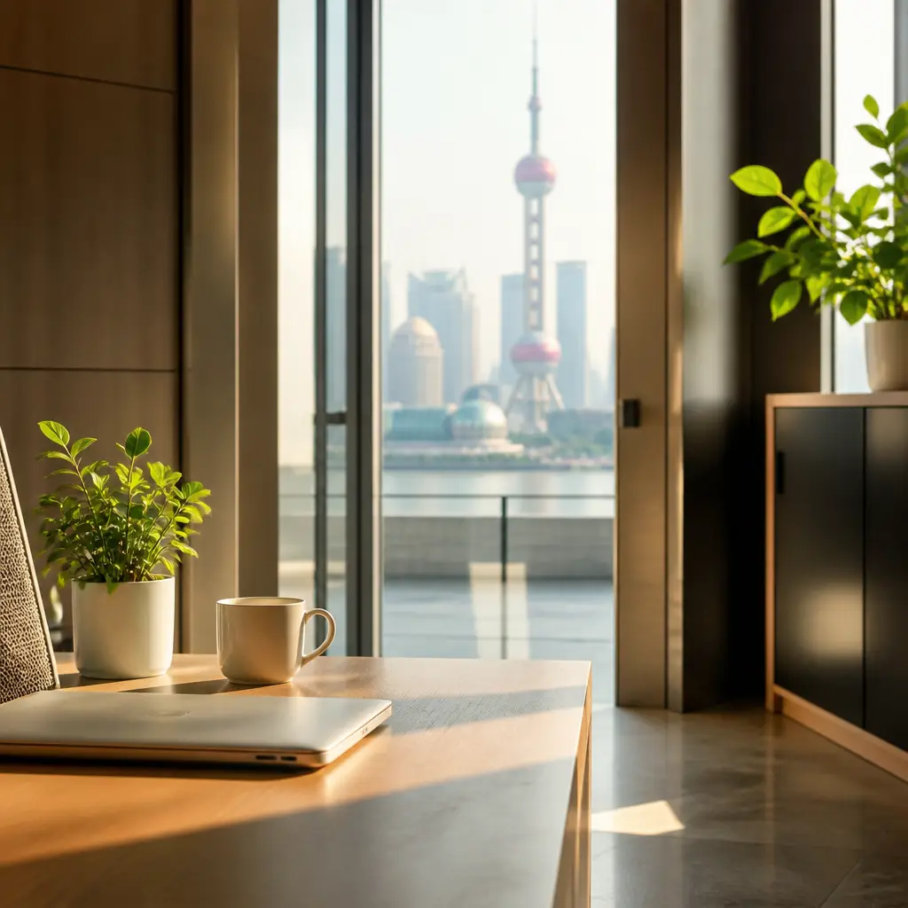Chinese lesson set in a contemporary Shanghai everyday setting: Saying goodbye — 'see you later' / 'have a good day' closing lines.