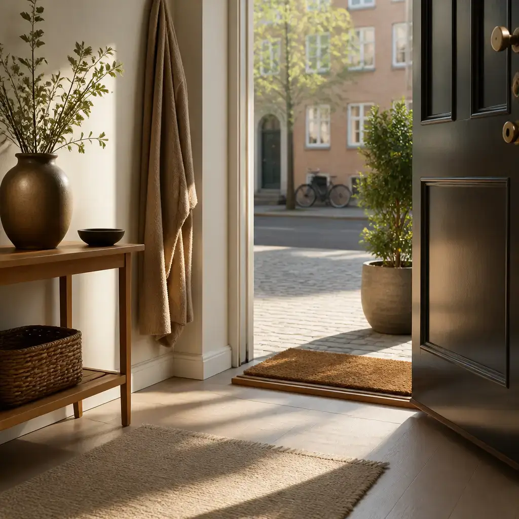 Danish lesson set in a contemporary Copenhagen everyday setting: Morning greeting at home/work/school — casual 'good morning' + brief small talk.