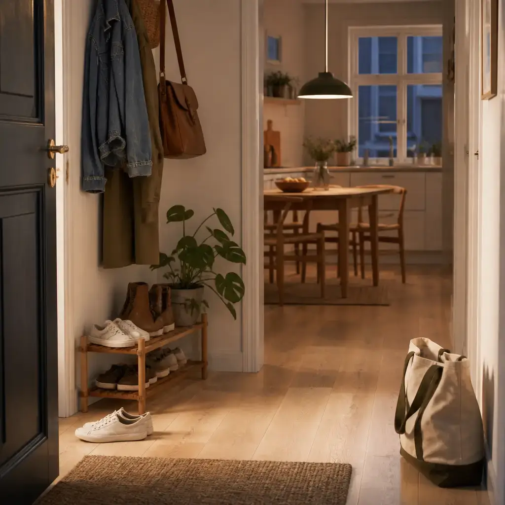 Danish lesson set in a contemporary Copenhagen everyday setting: Arriving home and greeting someone in a simple, natural way.