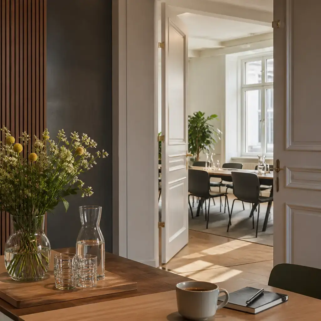 Danish lesson set in a contemporary Copenhagen everyday setting: First-time self-introduction at a shared welcome event — greeting and a simple reason for being there.