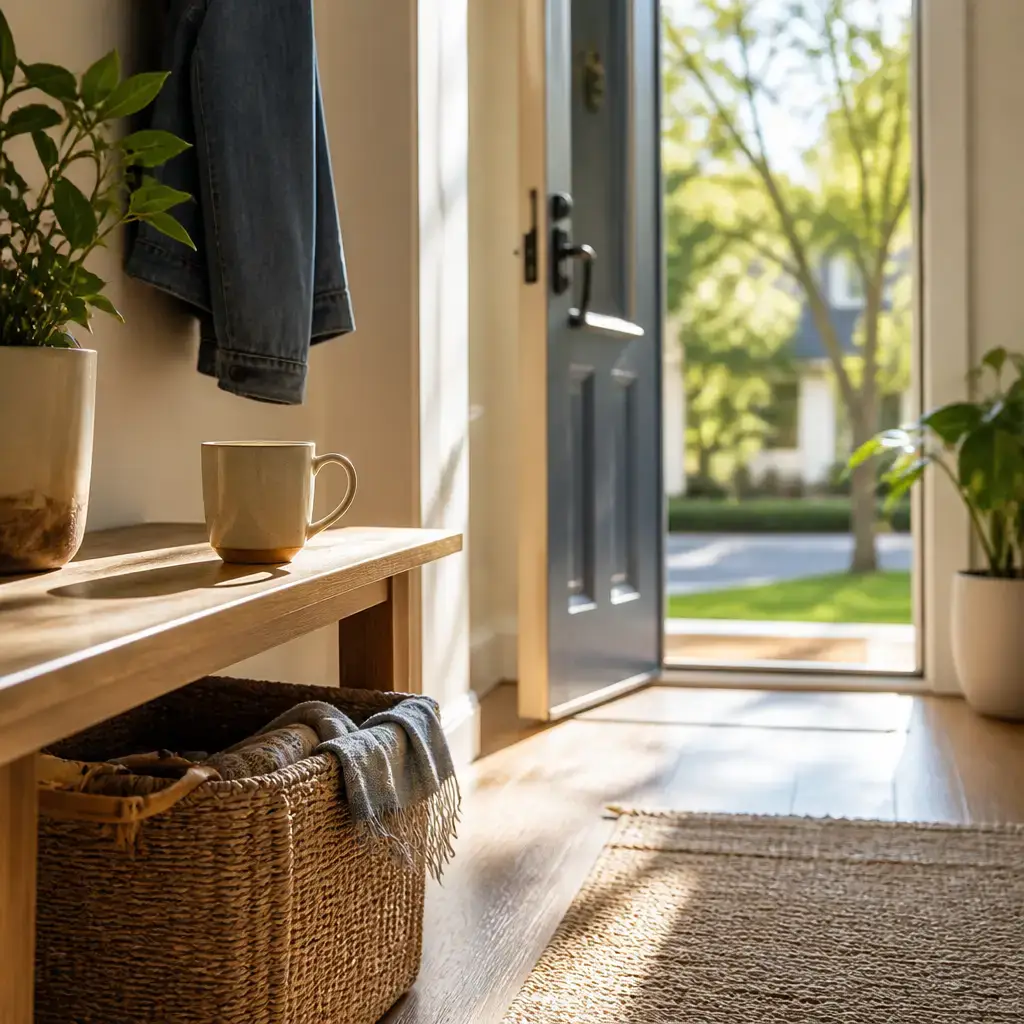 English lesson set in a contemporary everyday setting in the United States: Morning greeting at home/work/school — casual 'good morning' + brief small talk.