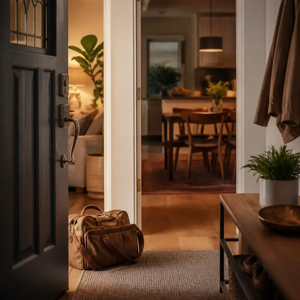English lesson set in a contemporary everyday setting in the United States: Arriving home and greeting someone in a simple, natural way.