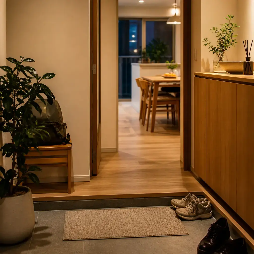 Japanese lesson set in a contemporary Tokyo everyday setting: Arriving home and greeting someone in a simple, natural way.