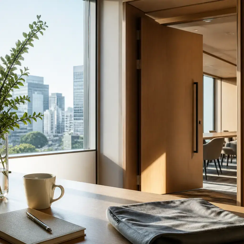 Japanese lesson set in a contemporary Tokyo everyday setting: First-time self-introduction at a shared welcome event — greeting and a simple reason for being there.