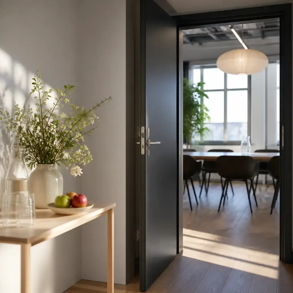 Danish lesson set in a contemporary Copenhagen everyday setting: First-time self-introduction at a shared welcome event — greeting and a simple reason for being there.
