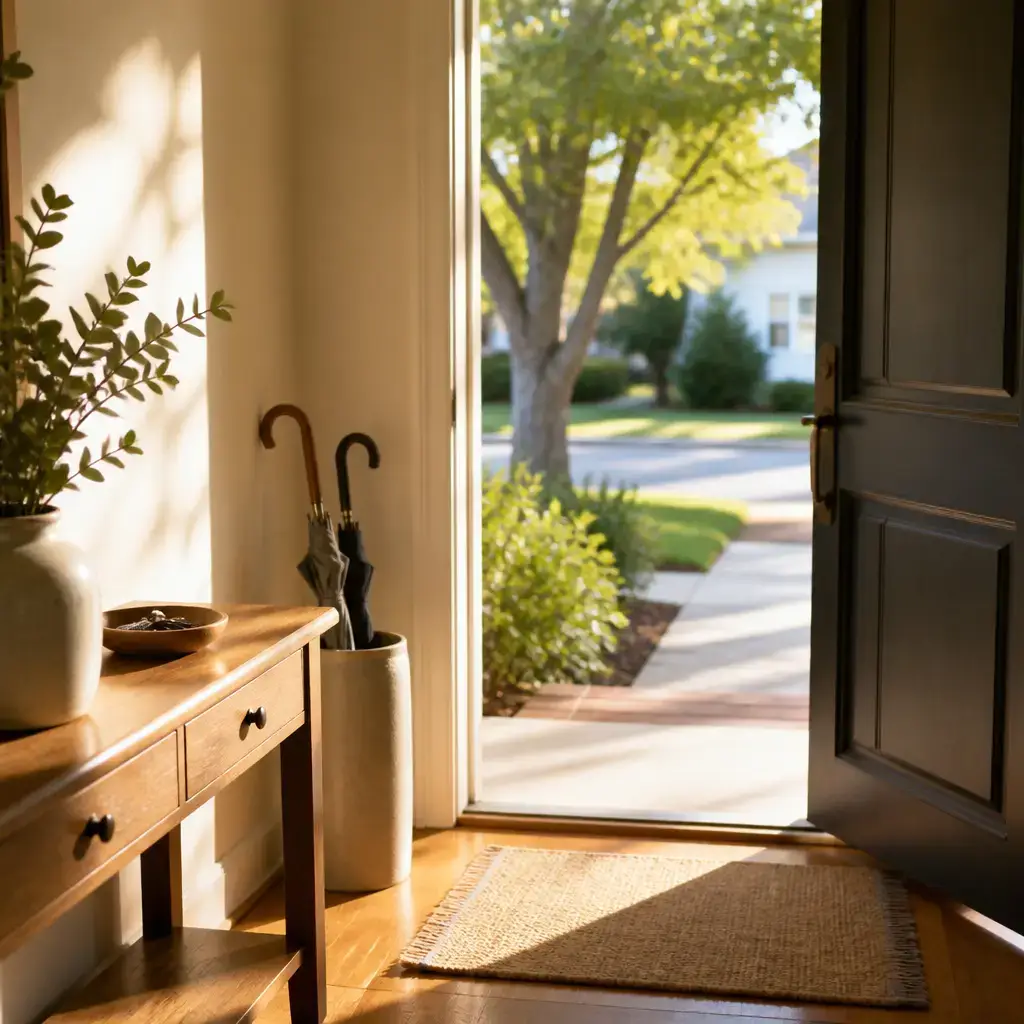 English lesson set in a contemporary everyday setting in the United States: Morning greeting at home/work/school — casual 'good morning' + brief small talk.
